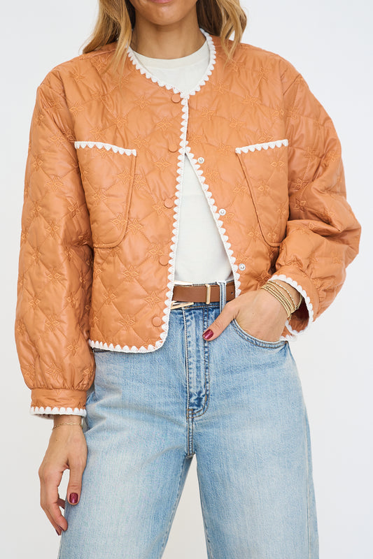 Quilted Jacket with Scallop Trim Snap Buttons