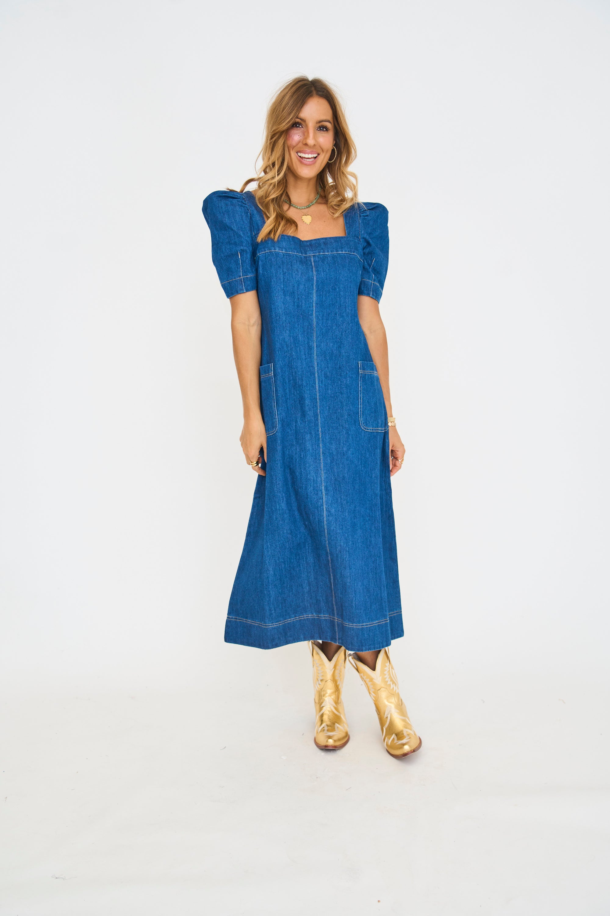 Square Neck Denim Midi