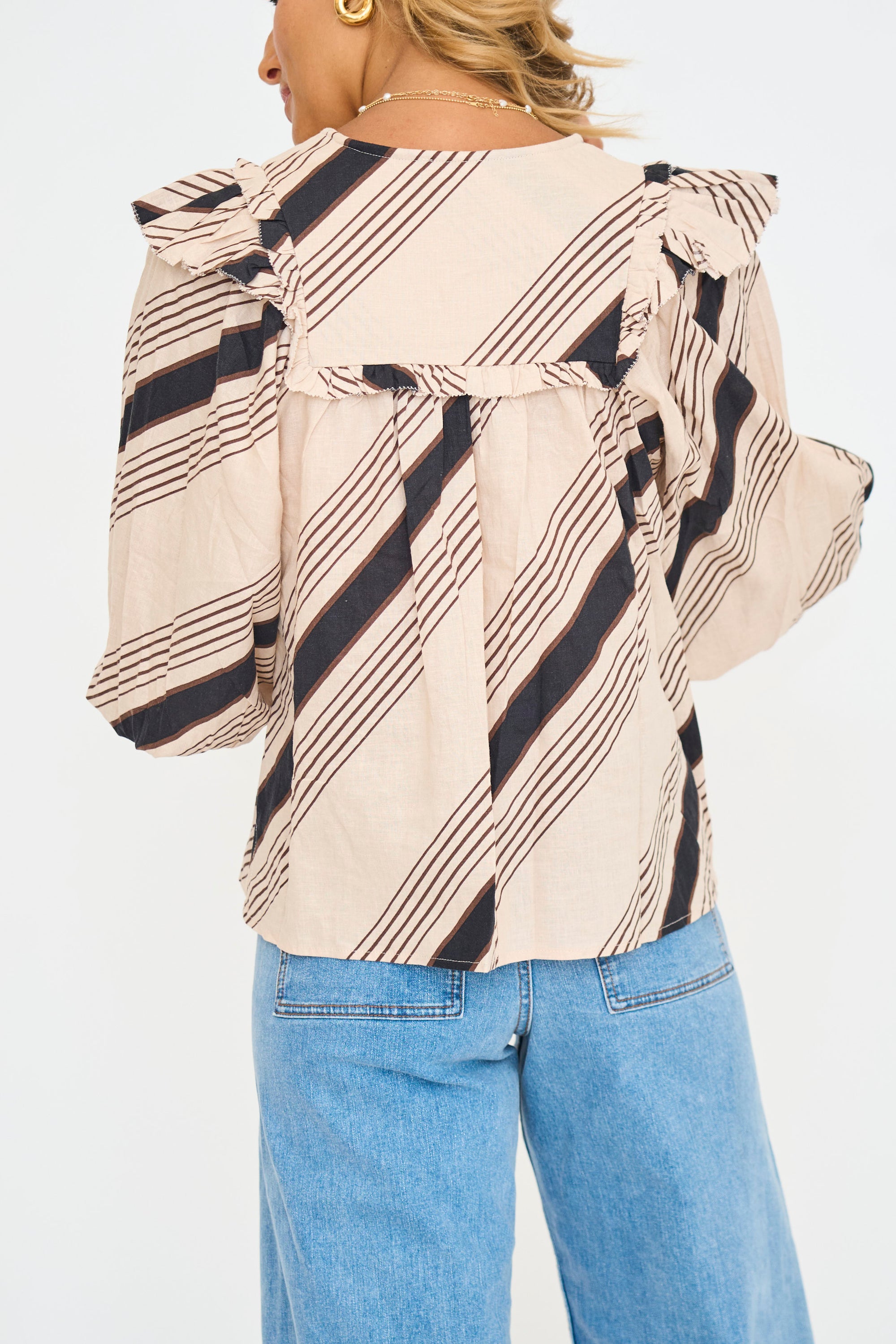 Stripe Ruffle Puff Sleeve Top in Tan/Black