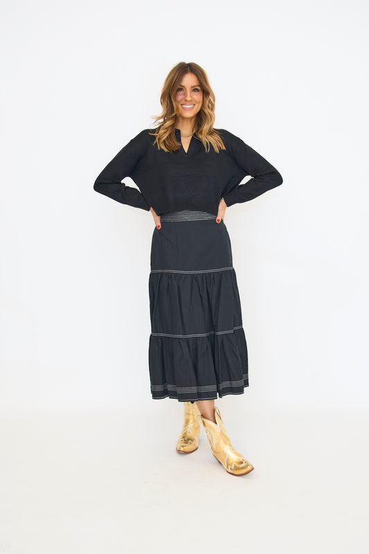 Top-Stitch Tiered Midi Skirt