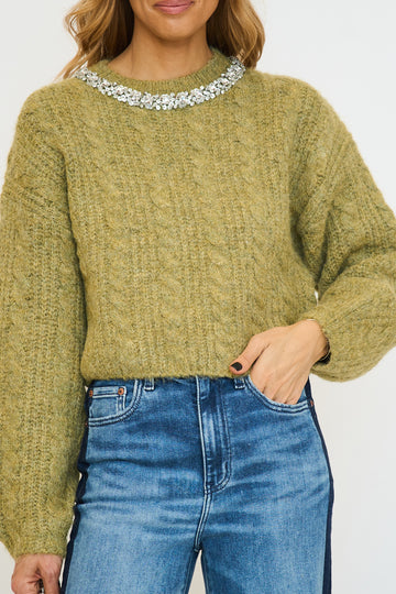 Jewel Embroidered Fuzzy Cable Knit Chunky Sweater