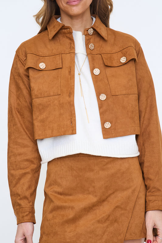 Suede Button-Down Top with Gold Metal Buckle