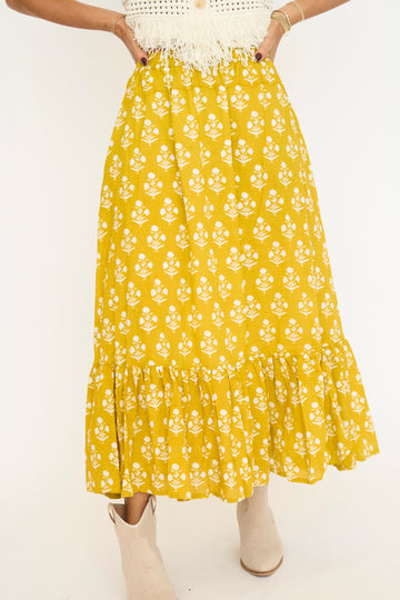 Chartreuse Block Print Maxi Skirt
