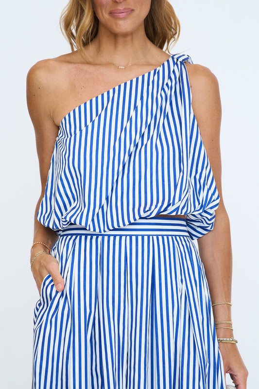 Striped One Shoulder Bubble Sleeveless Crop Top