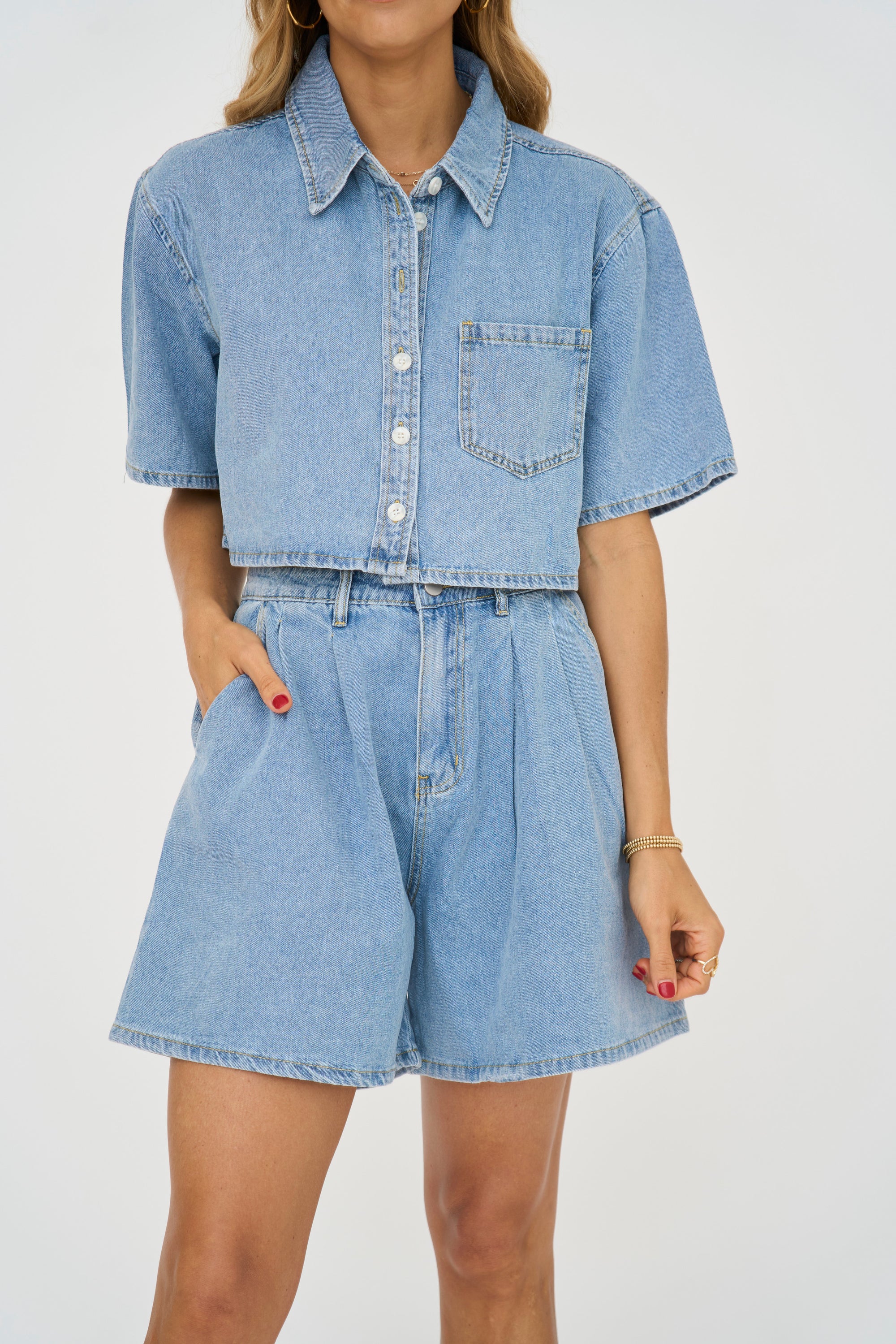 Crop Denim Short Set