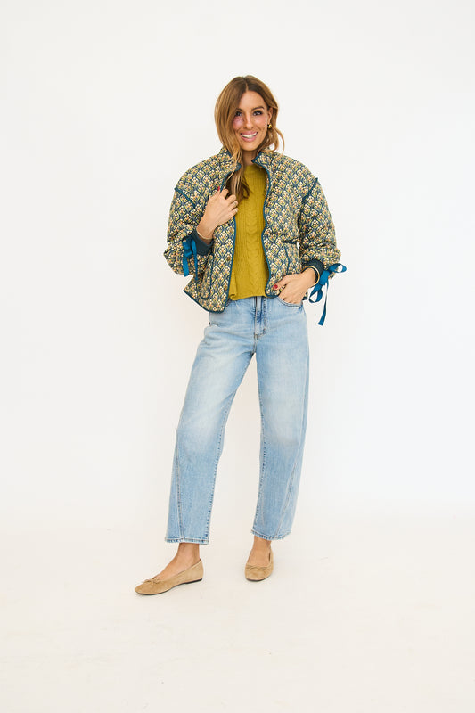 Floral Quilted Jacket with Ribbon Sleeve Detail