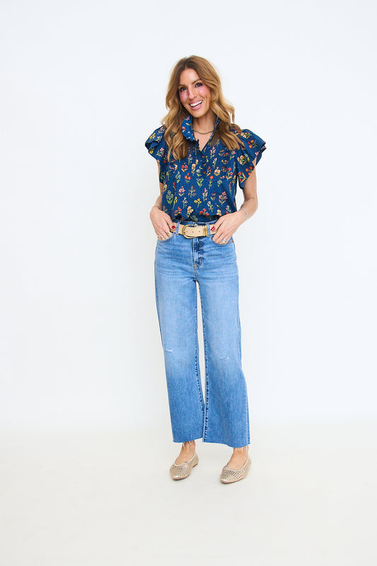 Navy Pintuck Floral Ruffle Blouse