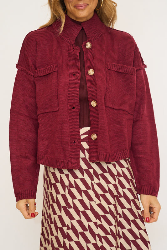 High Neck Button Down Pocketed Sweater Cardigan