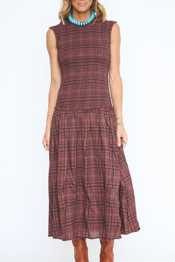 Smocked Drop Waist Plaid Midi Dress