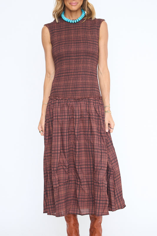 Smocked Drop Waist Plaid Midi Dress