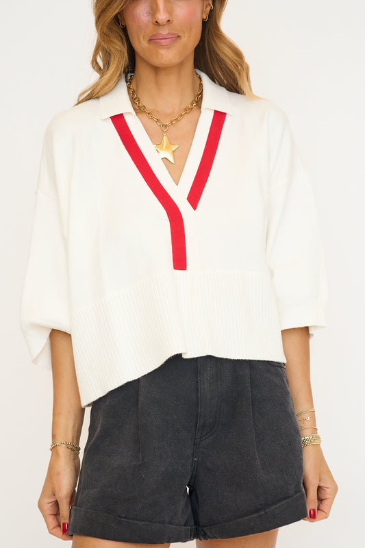 V-Neck Collar Trim Sweater Top