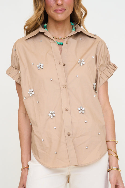 Solid Poplin Jeweled Top