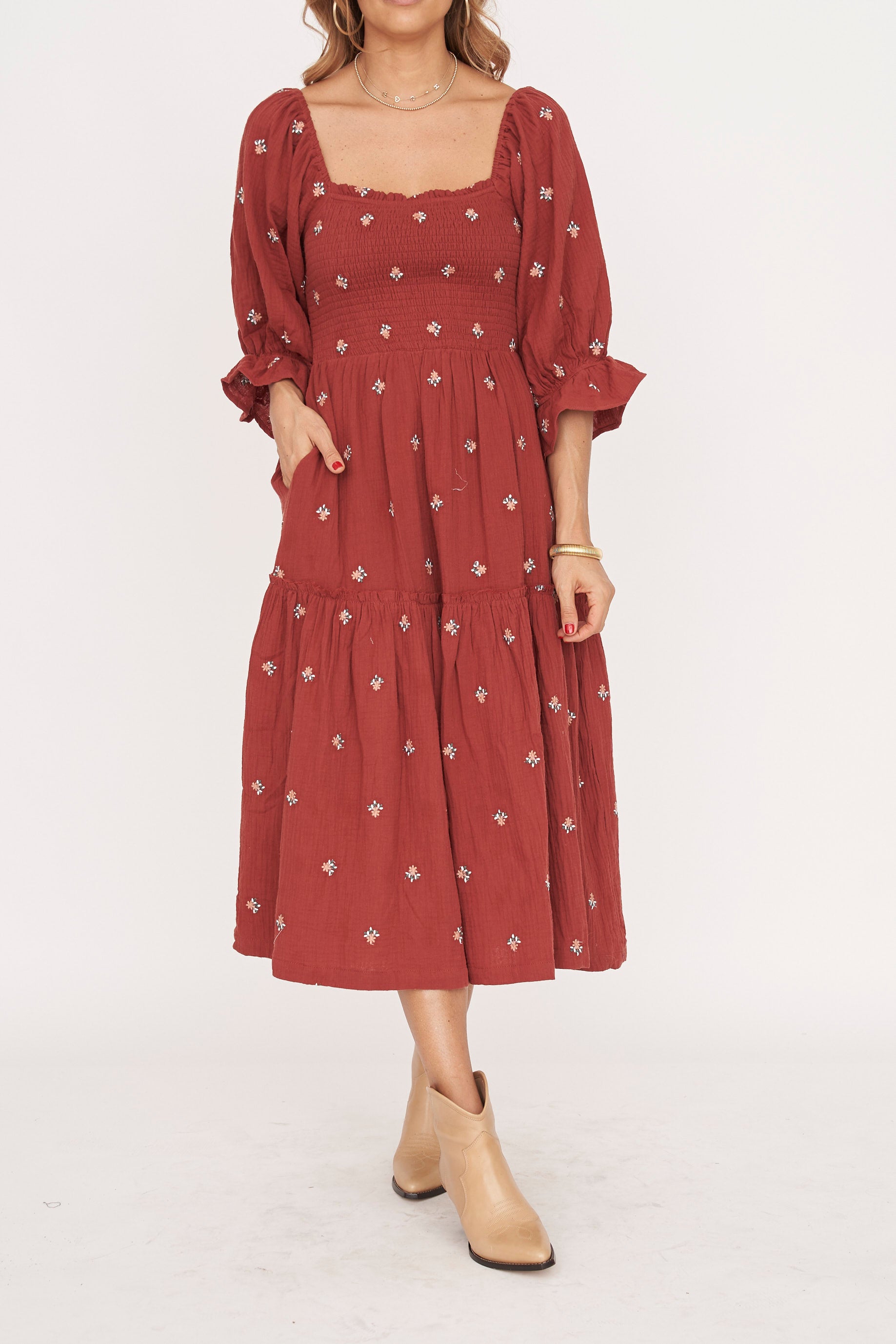 Ditzy Floral Embroidery Midi Dress