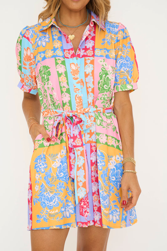 Patchwork Print Belted Dress