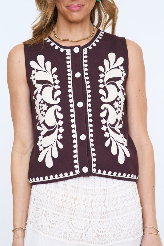 Embroidered Sleeveless Knitted Vest Top