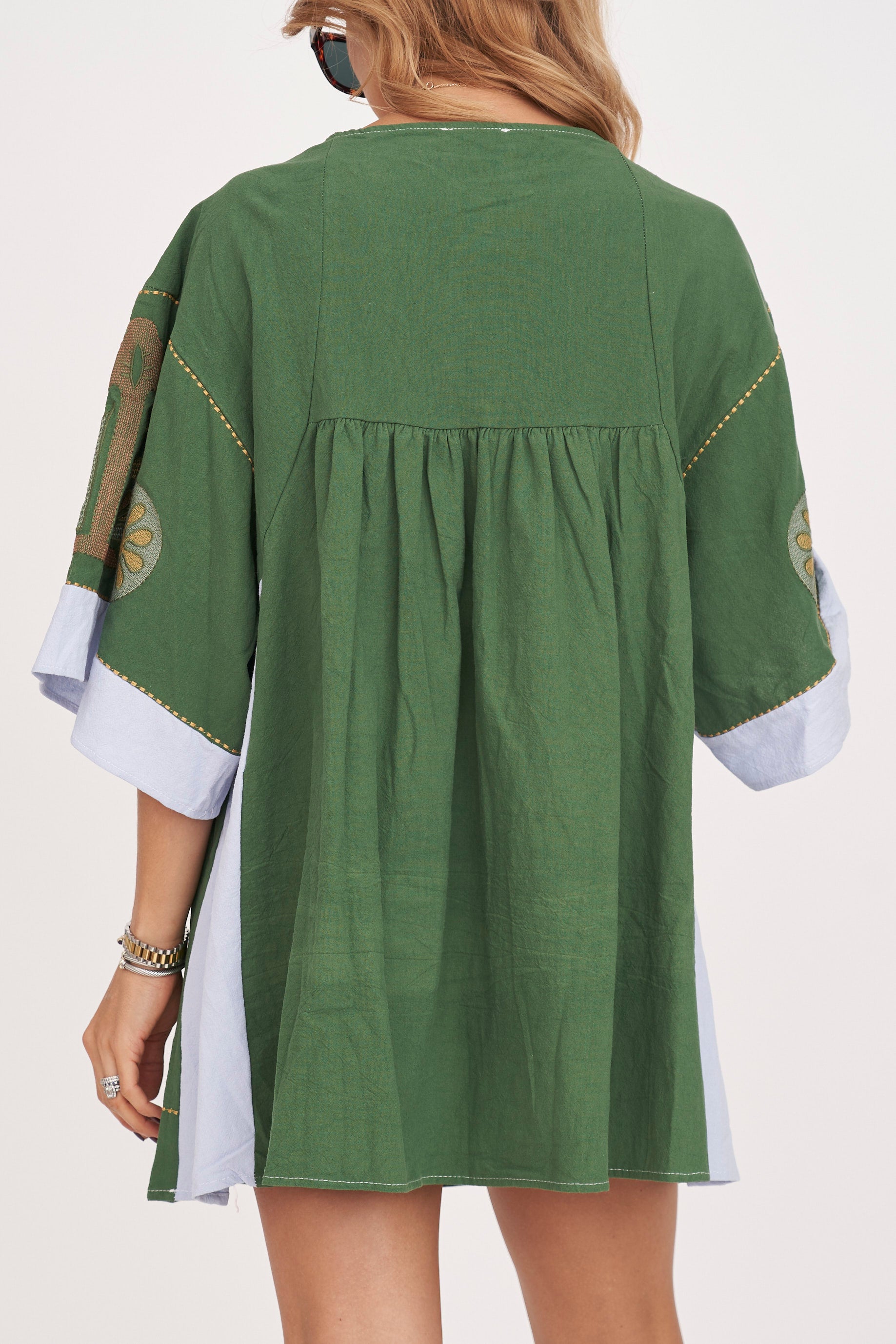 Green Embroidered V Neck Mini Dress