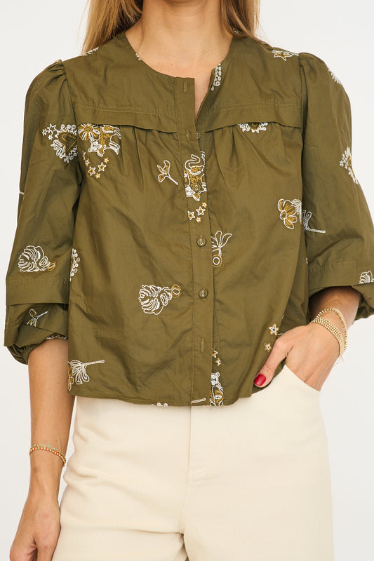 Liliane 3/4" Bubble Sleeve Button down Top - Olive