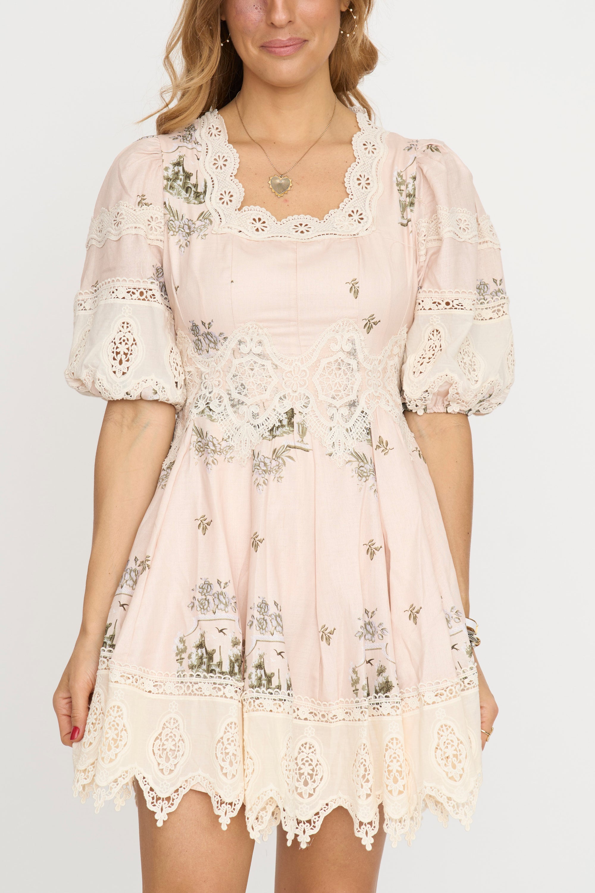 Lace Embroidered Detail Scallop Trim Mini Dress