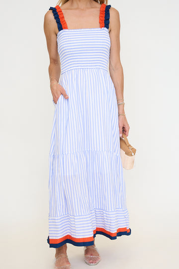 Ruffled Thin Strap Striped Tiered Midi Dress