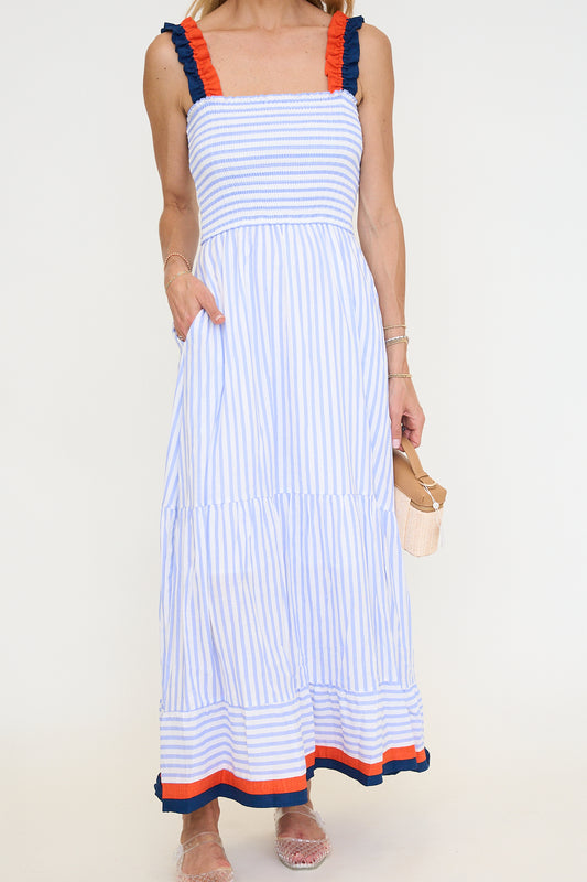 Ruffled Thin Strap Striped Tiered Midi Dress