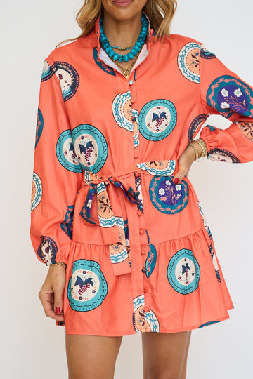 Orange Long Sleeve Mini Shirt Dress