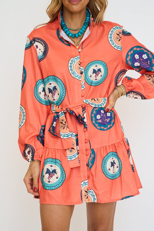 Orange Long Sleeve Mini Shirt Dress