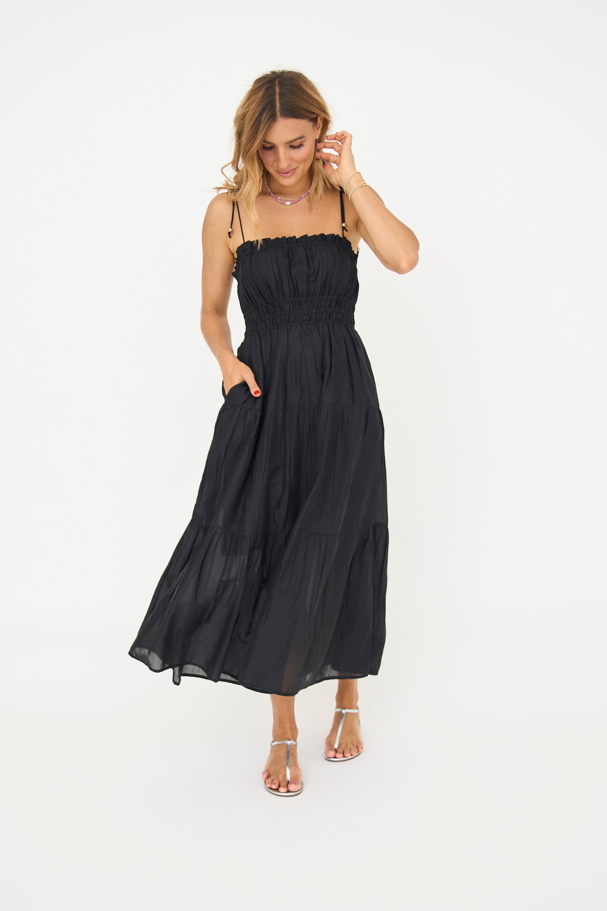 Amara Black Smocked Midi Dress