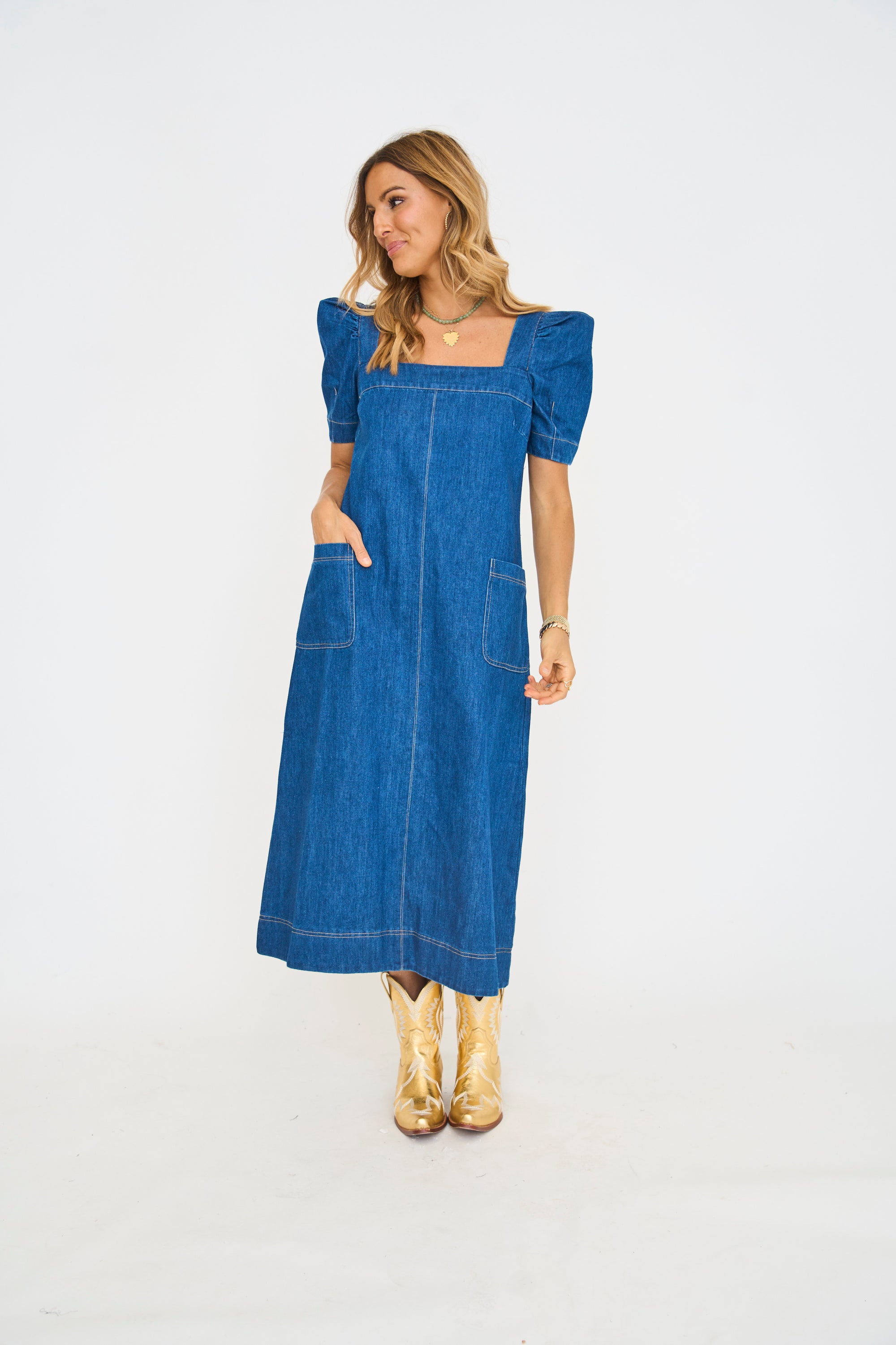 Square Neck Denim Midi