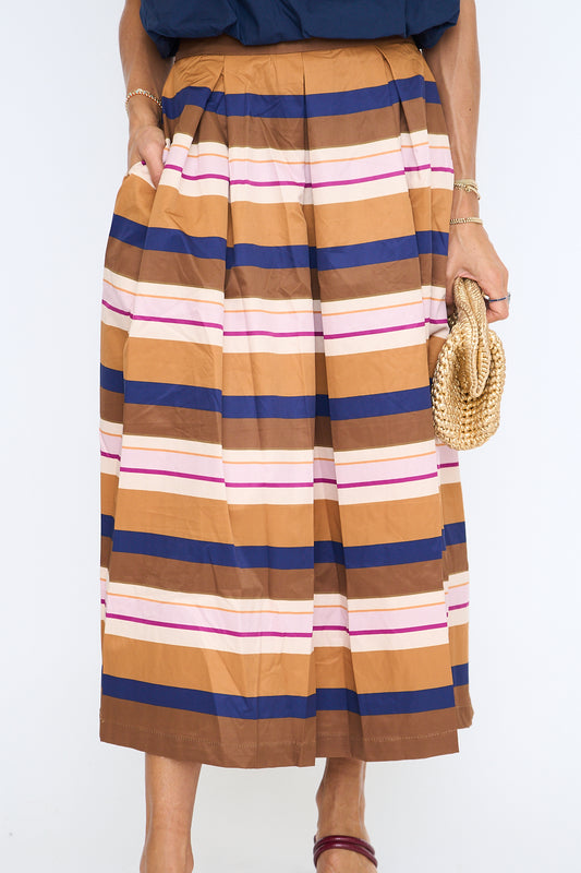 Autumn Stripe Pleated Midi Skirt