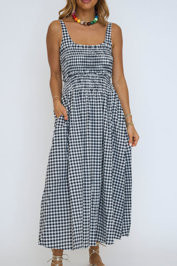 Gingham Smocked Bodice Midi Dress
