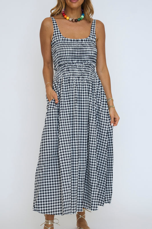 Gingham Smocked Bodice Midi Dress