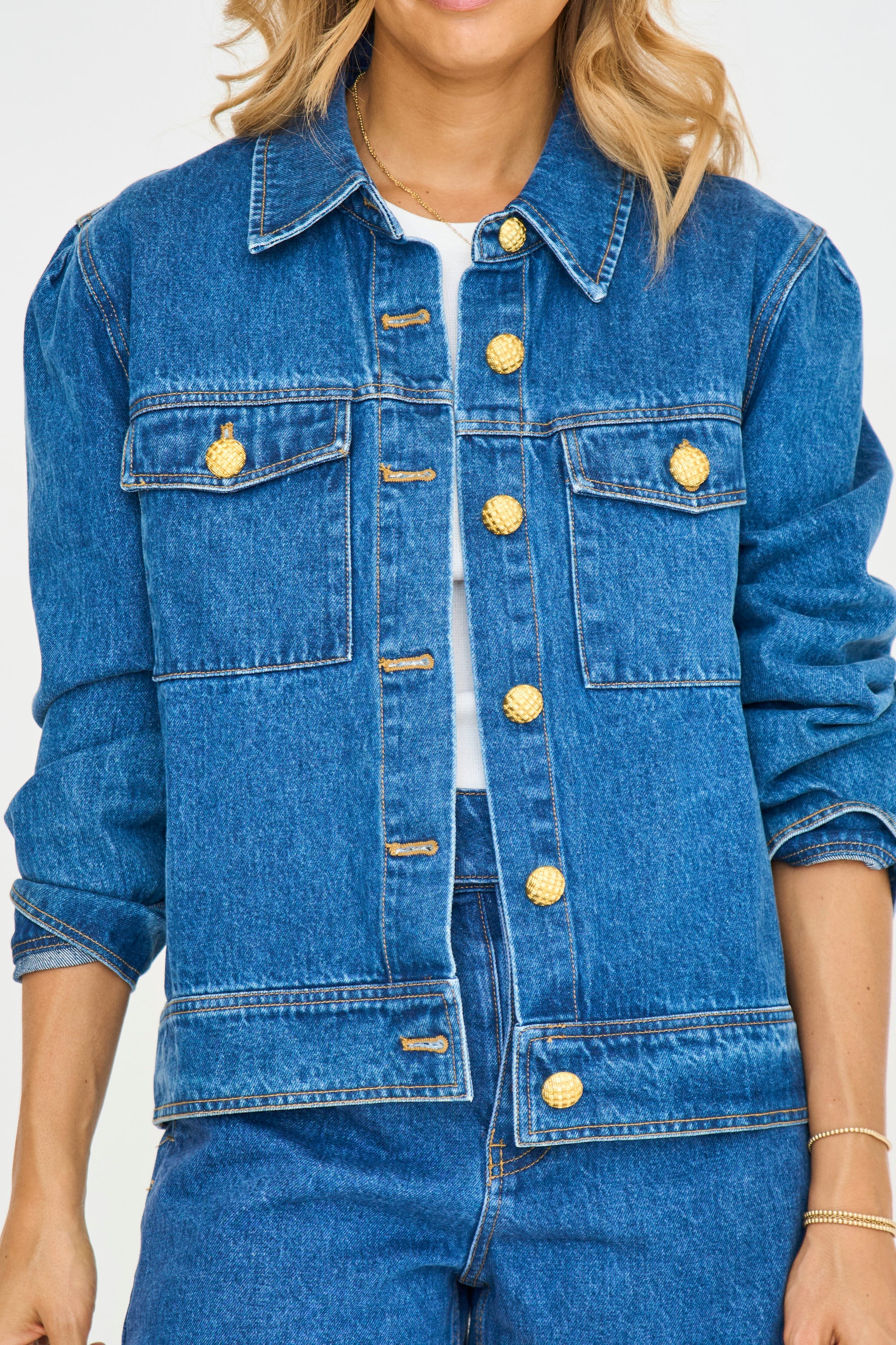 Denim Jacket with Gold Brass Buttons