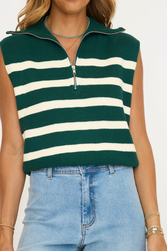 Striped Knit Half Zip Sweater Vest