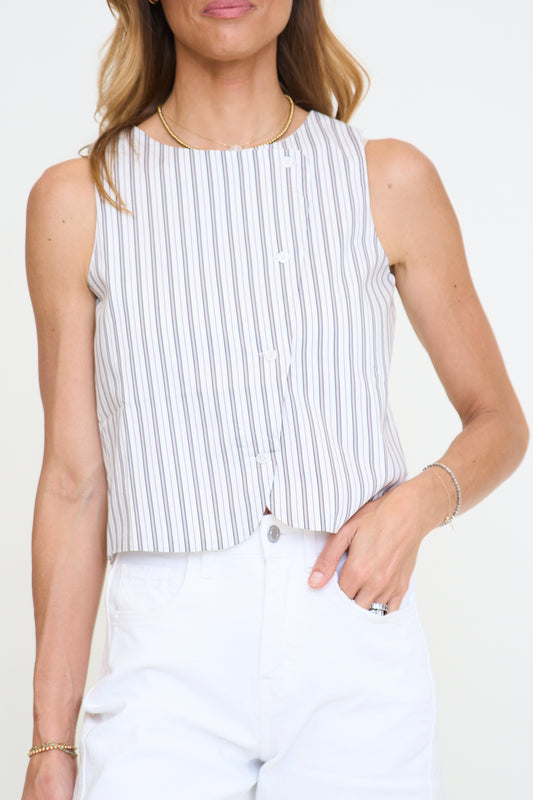 Sleeveless Diagonal Button Closure Striped Poplin Vest Top