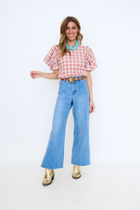 Puff Sleeve Check Pattern Top