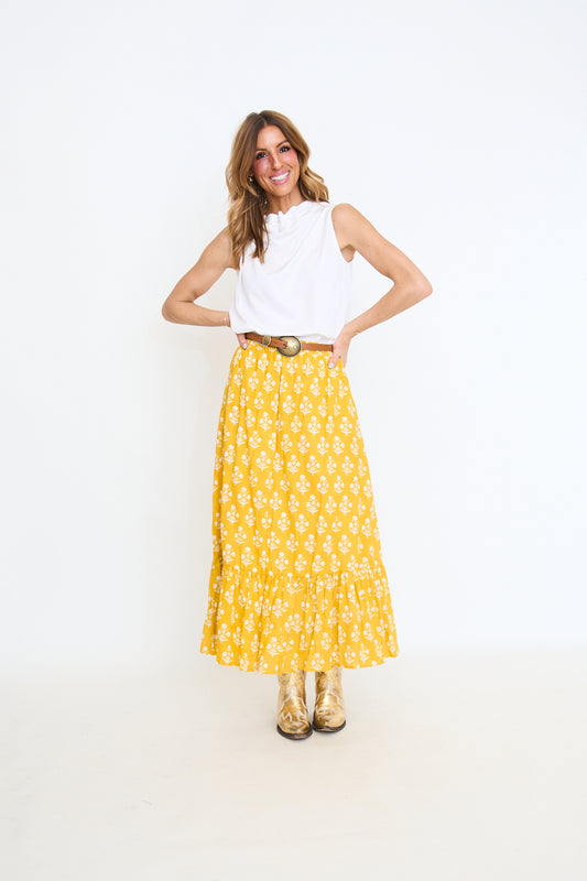 Golden Yellow Block Print Maxi Skirt