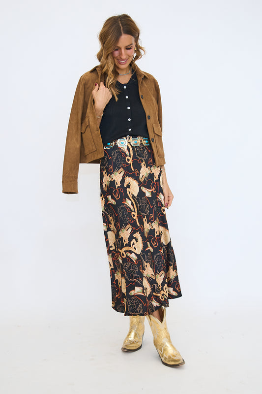Western Print Satin Midi Slip Skirt