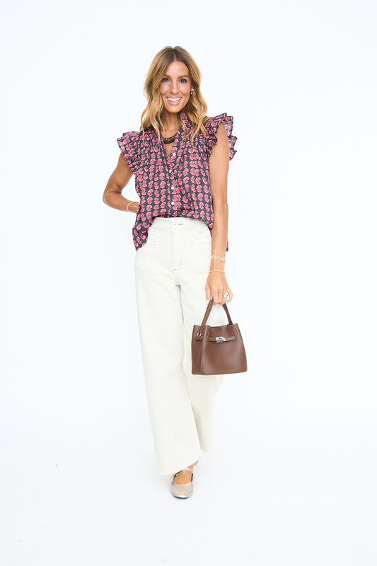 Chocolate Block Print Flutter Sleeve Top