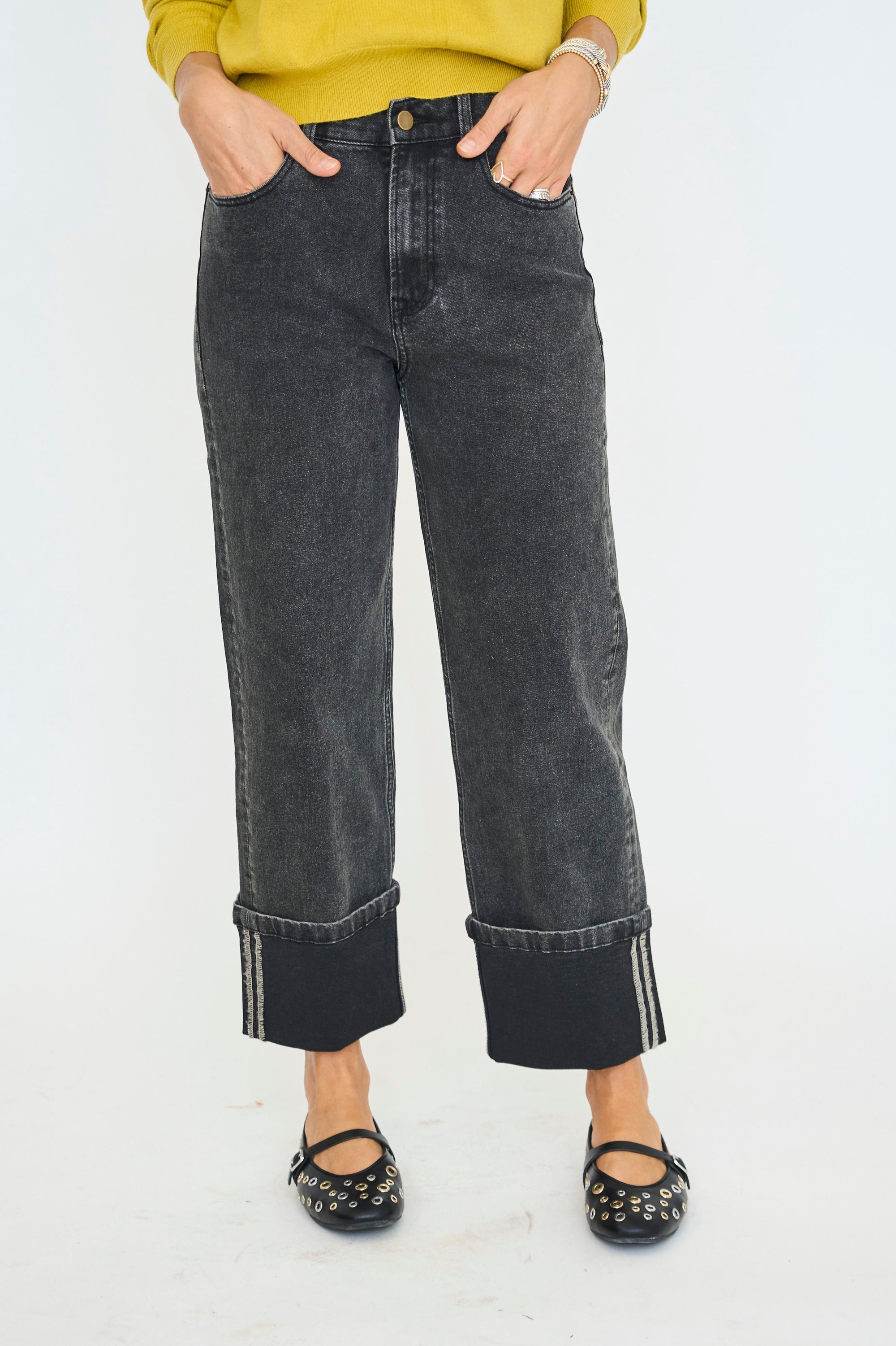 Cuffed Bottom Black Denim Jeans