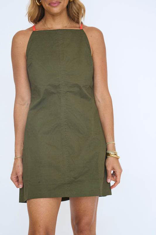 Olive Mini Dress with Contrast Straps