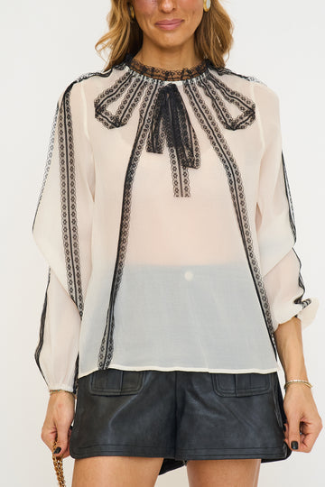 Contrast Lace Detail On Sheer Organza Blouse