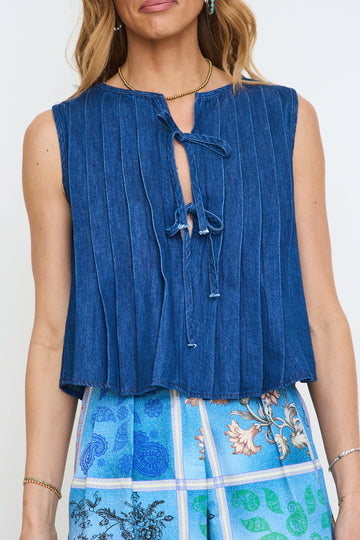 Front Tie Pintuck Detail Denim Blouse