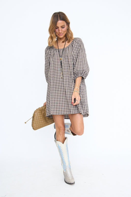 Ollie Plaid Bubble Sleeve Dress
