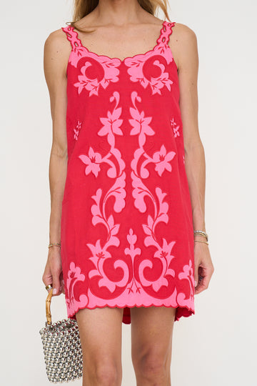 Red/Pink Embroidered Mini Shift Dress