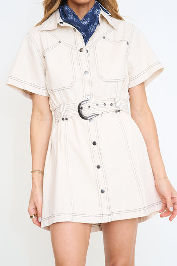 Contrast Stitching Cotton Wash Shirt Dress