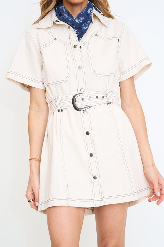 Contrast Stitching Cotton Wash Shirt Dress