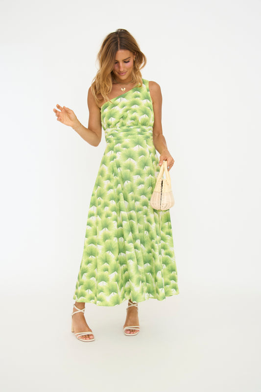 One Shoulder Palm Midi Dress