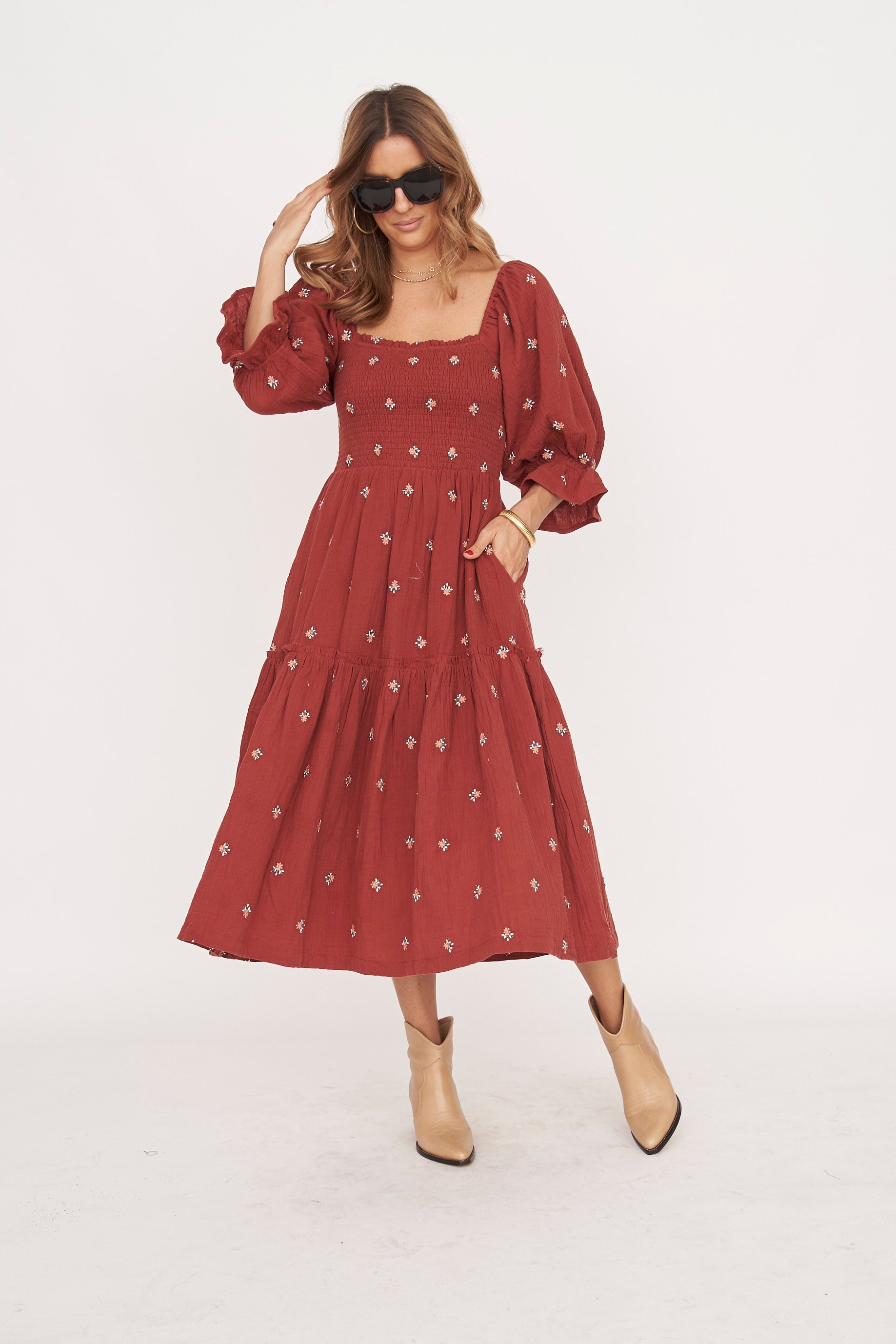 Ditzy Floral Embroidery Midi Dress