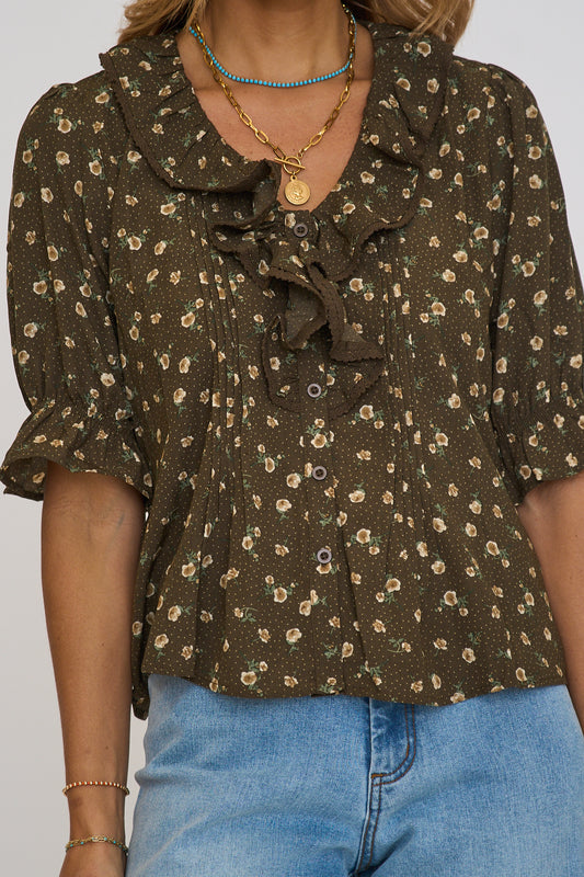 Chocolate Floral Pintuck Detailed Floral Blouse