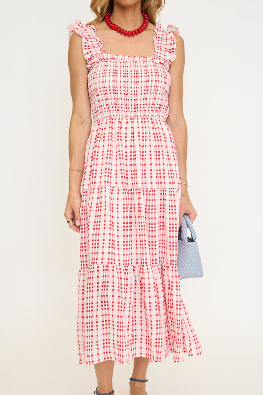 Plaid Smocked Ruffle Strap Tiered Midi Dress